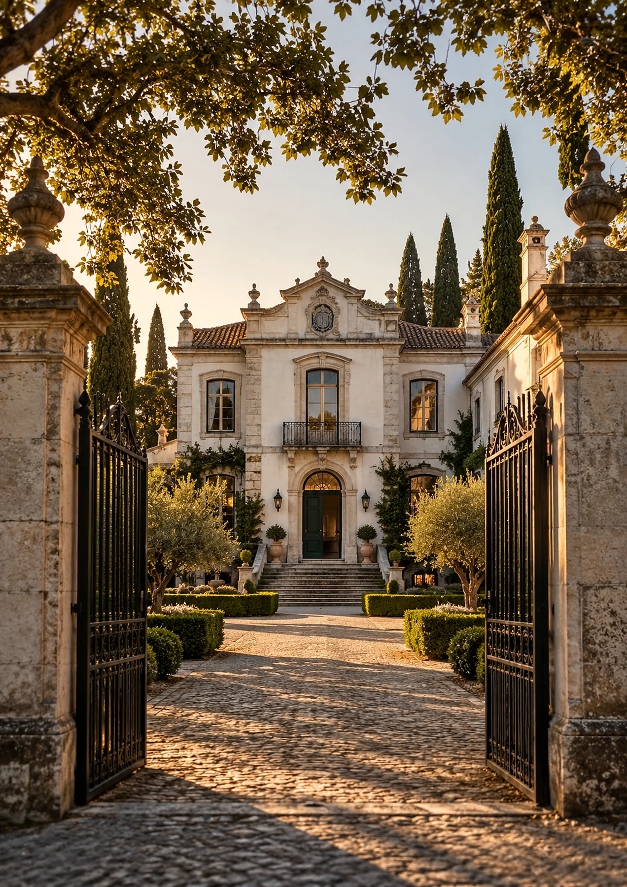 A manor house approached through a formal garden