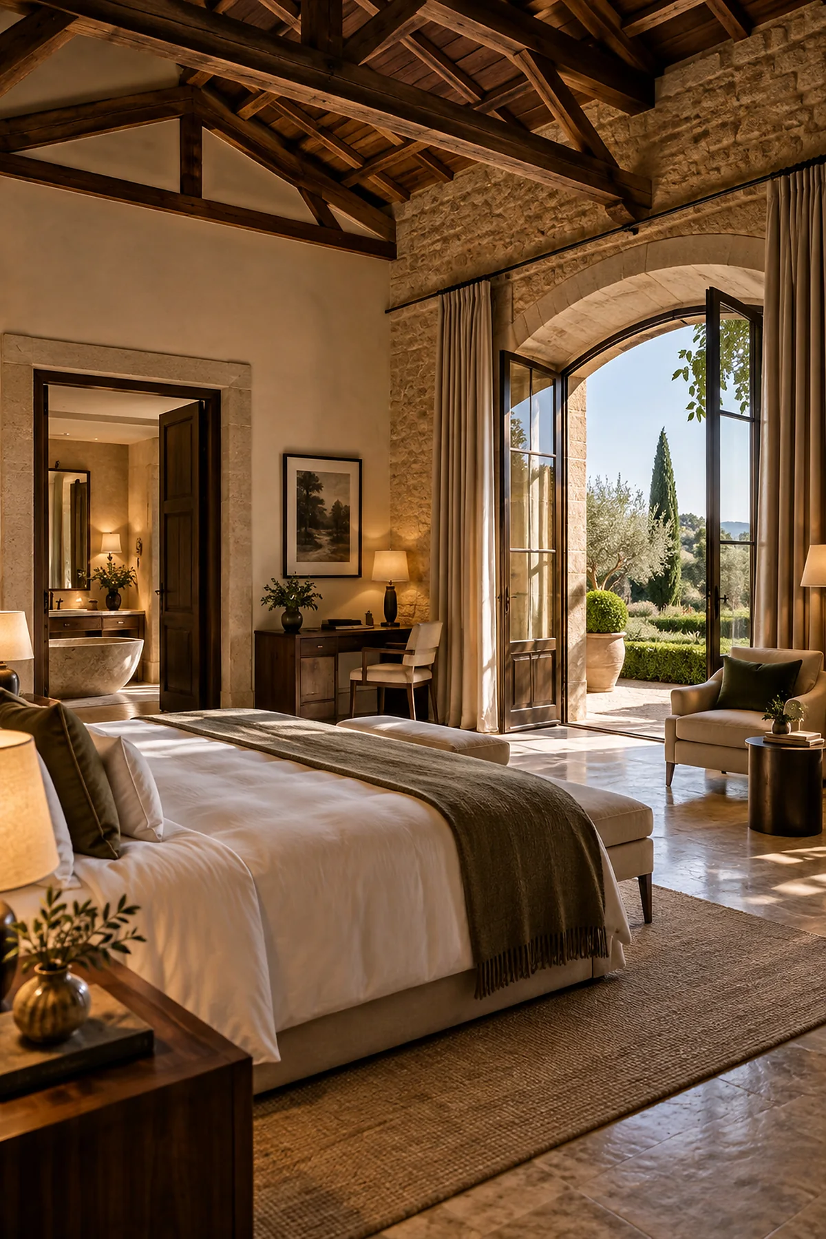 A calm guest room opening to the landscape