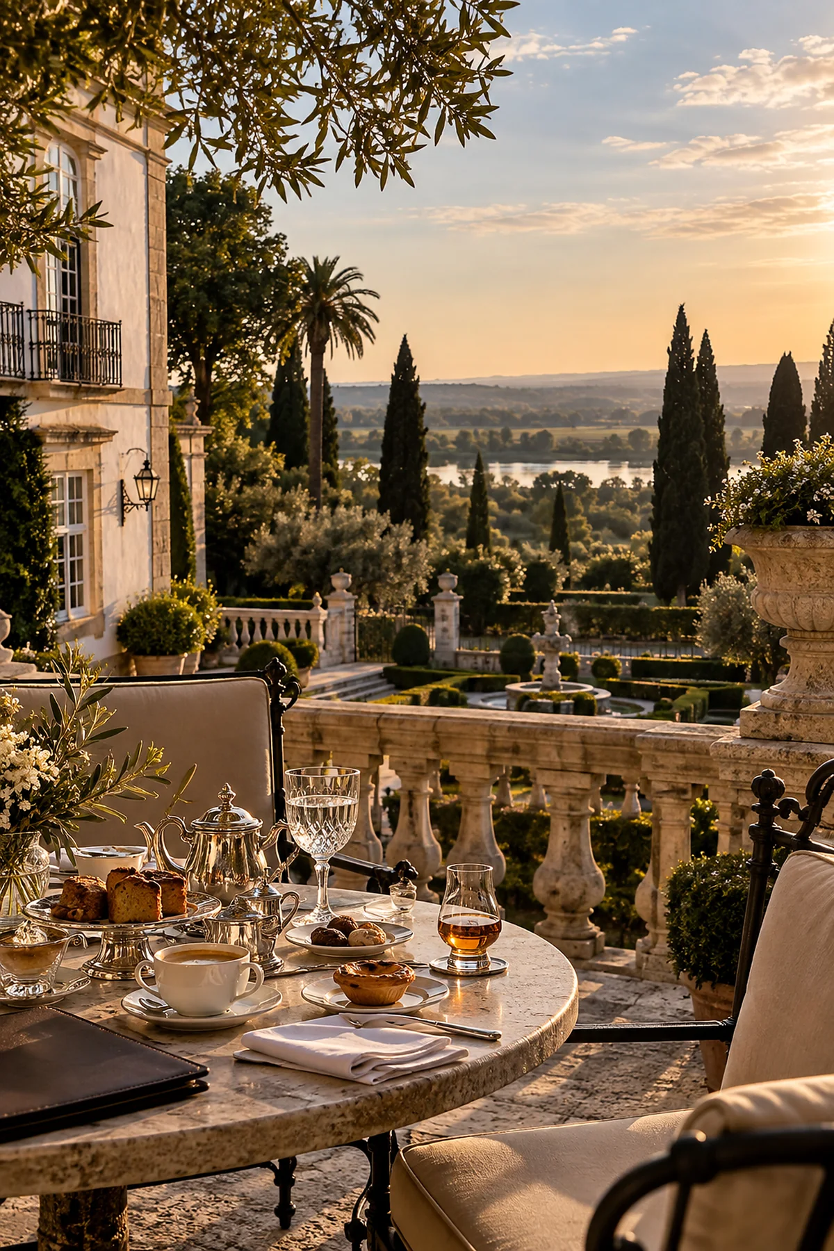 A garden terrace set for a meal at sunset