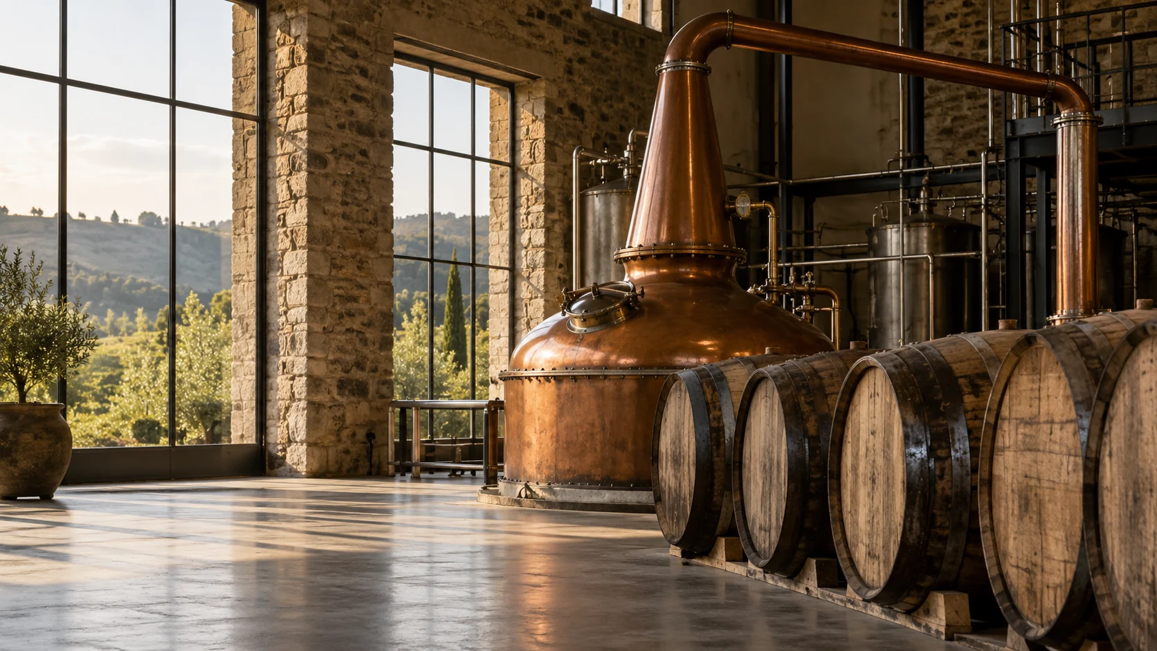 Interior of a Portuguese distillery with a copper pot still and oak maturation casks