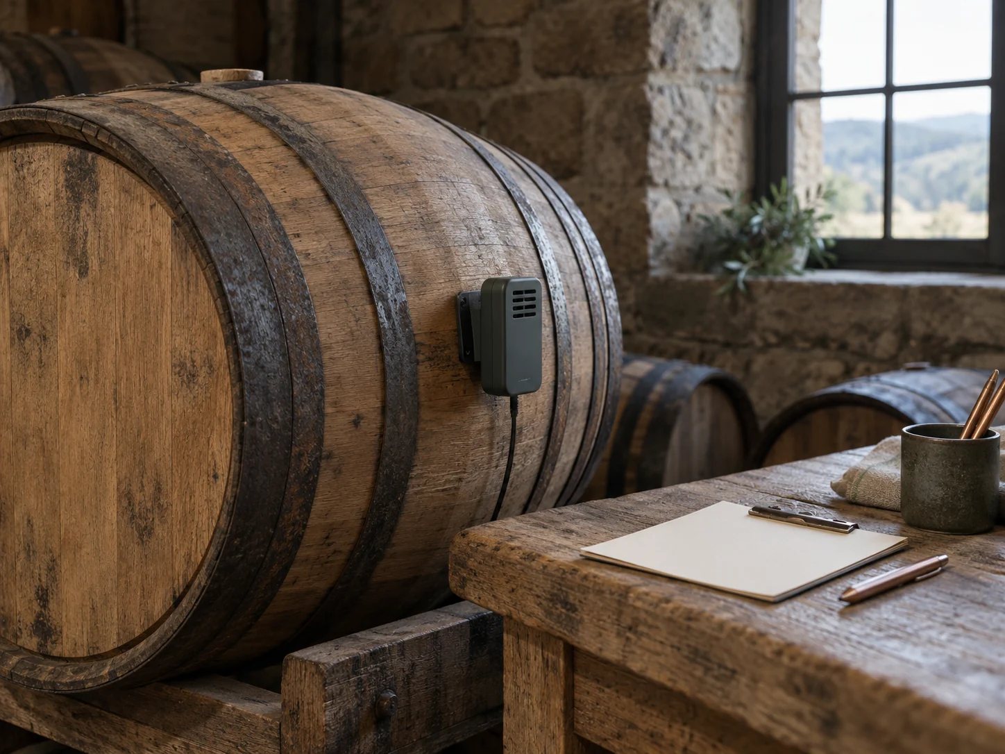 Oak cask with an environmental logger and field notes in a maturation room